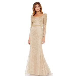 Mac Duggal Embroidered Vine Gold Applique Trumpet Gown Light Gold Size 8 NWT